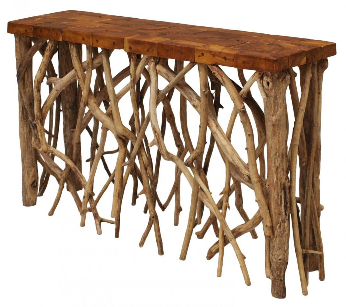TEAKWOOD CONSOLE TABLE: Teakwood console table, Java, late 20th c., the top formed of irregular shaped teak blocks joined in a rectangular form, all supported by natural free form teakwood roots, 29.5"h, 47.75"w. 12"d, (H600