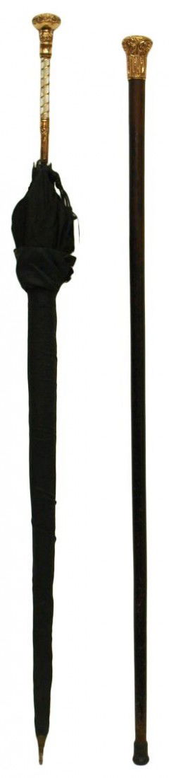 (2) GOLD CAPPED WALKING CANE & UMBRELLA: (lot of 2) Presentation gold handled cane engraved "Miller, 1853-1903, Mar. 17th", 35"l, 1.5"d, together with presentation umbrella with engraved gold handle"1853, Miller, 1903", mother of pearl, 36.2