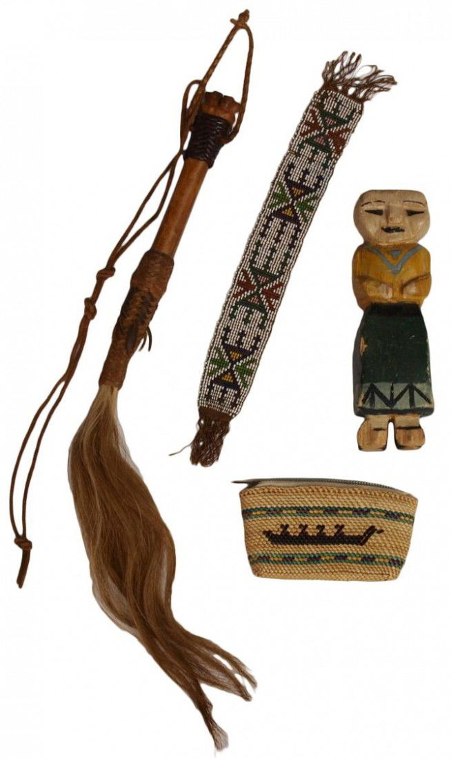 (4) AMERICAN INDIAN ITEMS, HORSE HAIR QUIRT, DOLL: (lot of 4) Native American items: (1) quirt or whip, an animal bone handle with decorative leather binding holding horse hair, 18.25"l, (1) beaded, fringed headband strip, 12"l, 1.25"w; (1) hand carve