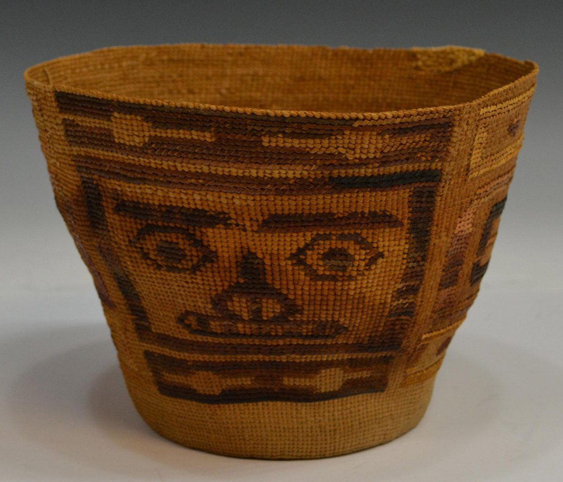 PACIFIC NORTHWEST INDIAN PICTORIAL BERRY BASKET: Native American hand woven pictorial berry basket, Tlingit people, Pacific Northwest Coast, Southeast Alaska, likely early 1900's, a face appears on two sides with geometric pattern in between, repair