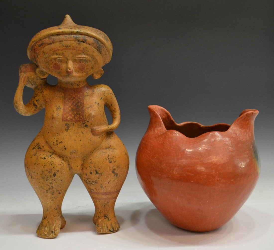 (2) SOUTHWEST AMERICAN POTTERY, MEXICO FIGURE: (lot of 2) Vintage Native American items: (1) Southwest shaped lip red pottery olla, 9.25"h, 9"w, 8.7/8"d; (1) clay figure, likely Mexico, a female form holding a pot, red stripes and geometric decora