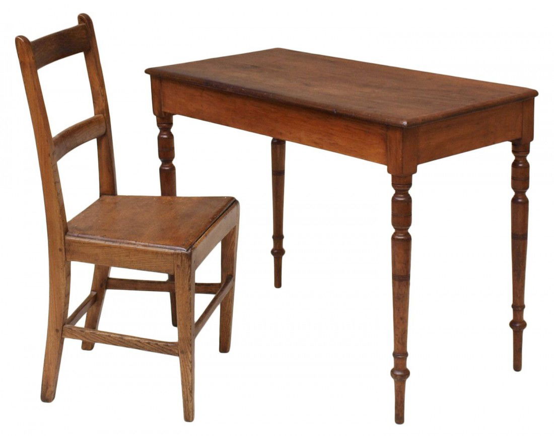 (LOT OF 2) ANTIQUE WORK TABLE & ALL WOOD CHAIR: (lot of 2) Antique pine and oak chair with peg joinery, 19th c., 35"h, 17.5"w, 15"d, together with a small work table of softwood with rectangular top, square nails and turned legs, 28.75"h, 37.5"w, 1