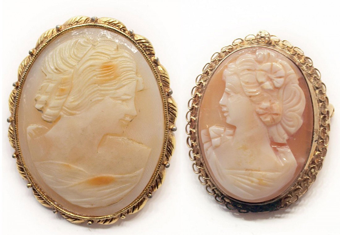 (2) VICTORIAN STYLE SHELL CARVED CAMEO BROOCHES: (lot of 2) Victorian style carved shell cameos, each the profile portrait of a beauty, the larger in a gold tone frame, 1.5"l, 1.25"w, the smaller showing a beauty with flowers in her hair, deep backg