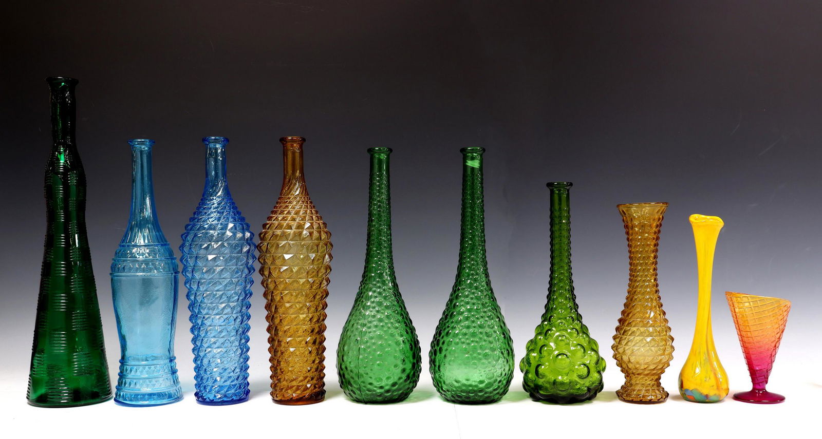 (10) COLLECTION COLORED GLASS BOTTLES & VASES (1 of 3)