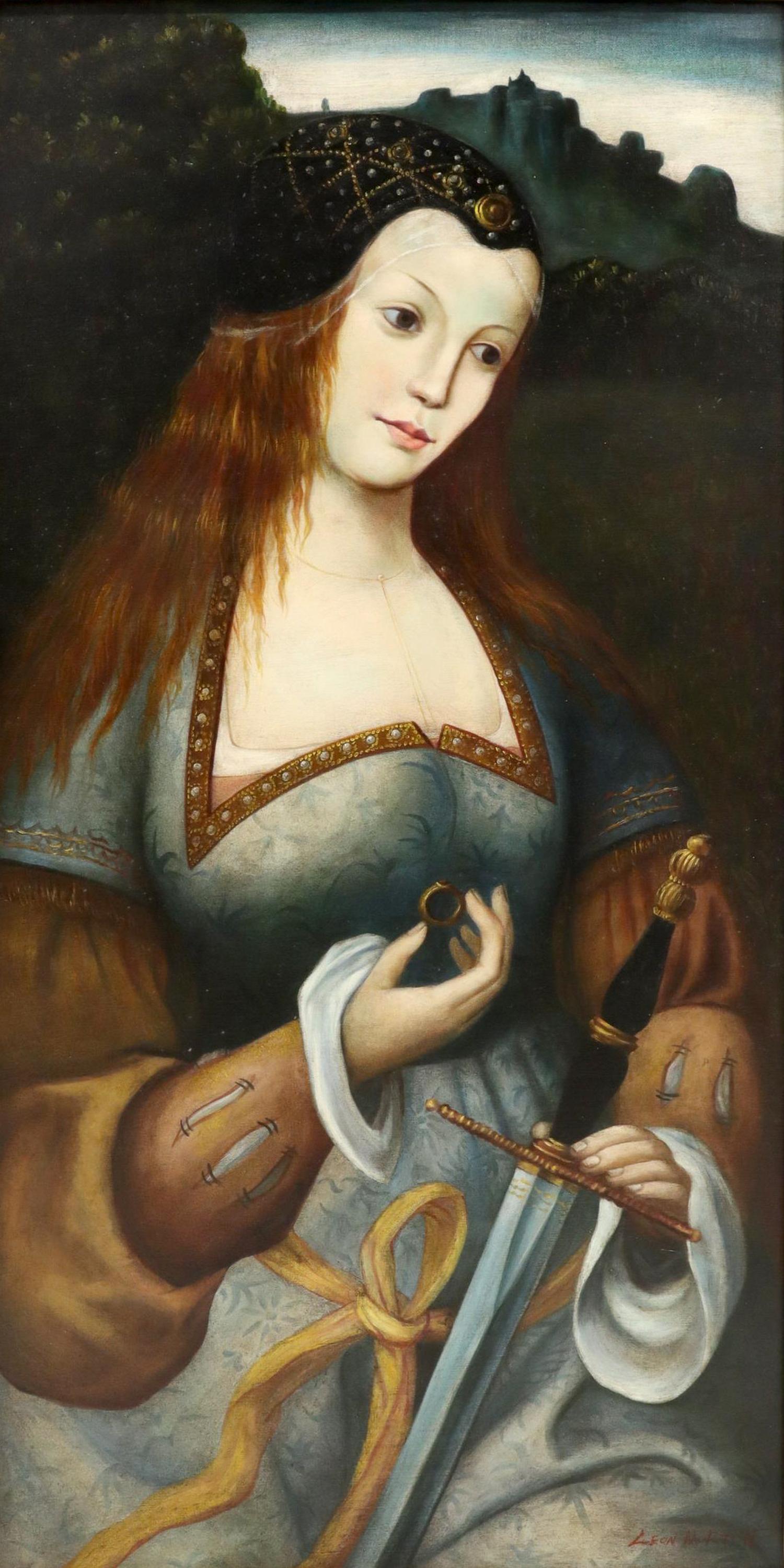 LEON MORTON (20TH C.) PAINTING WOMAN WITH SWORD: Framed oil on canvas painting, Woman with Ring and Sword, signed lower right Leon Morton (20th c.), sight: approx 47"h, 23.5"w, overall: 60.25"h, 36.75"w, 26lbs Start Price: $150.00
