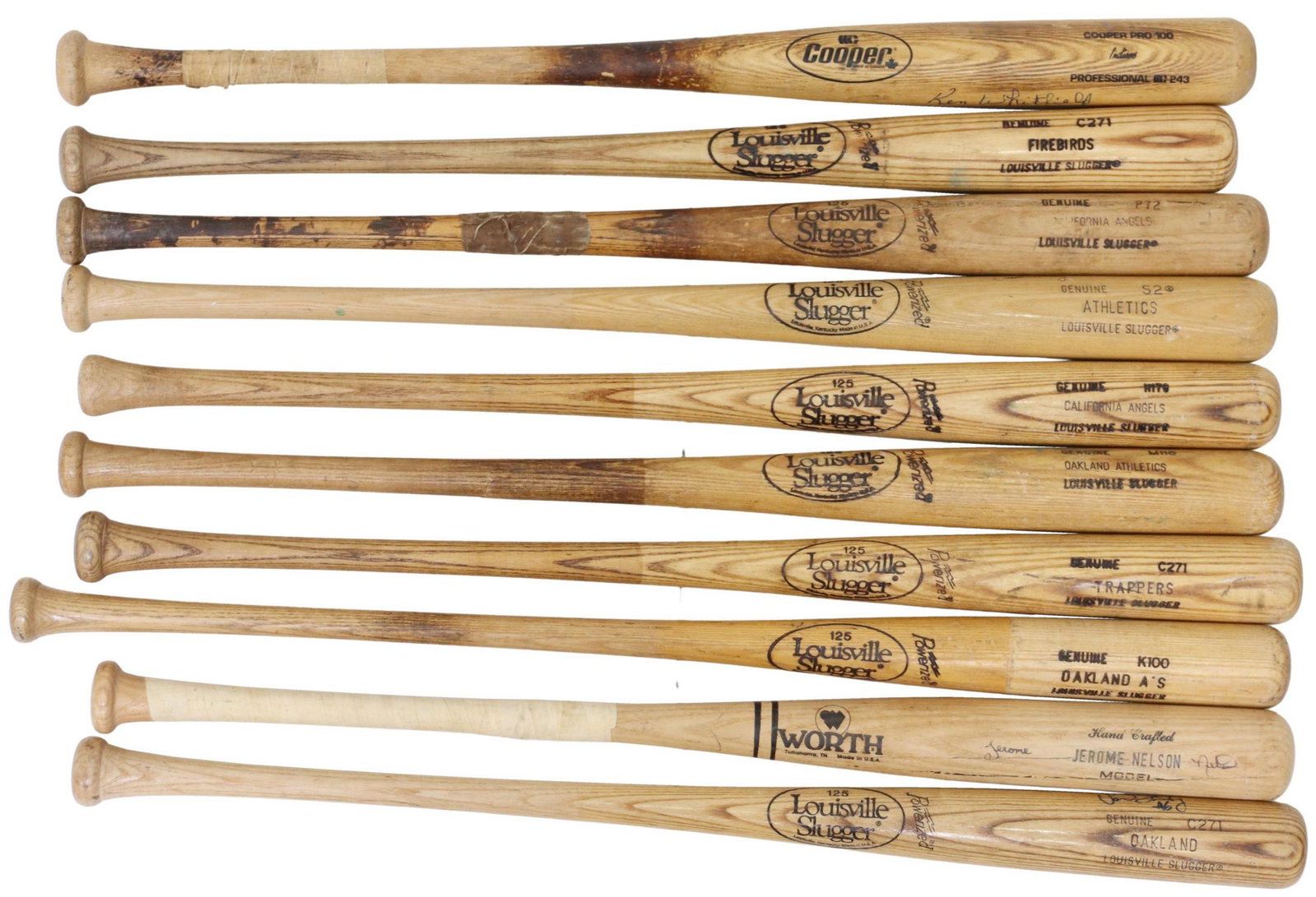 (10) GAME USED MINOR LEAGUE BASEBALL BATS: (lot of 10) Minor League used/cracked baseball bats, 1980's, including many players names, signatures, hand written numbers on knobs, Oakland Athletics, California Angels, Phoenix Firebirds, Edmonton 