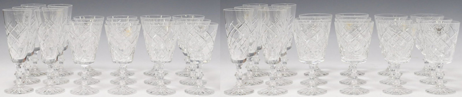(36) FRENCH CRYSTAL STEMWARE SERVICE: (lot of 36) French crystal stemware, including: (12) red wine, approx 6.25"h, 3 3/8"diam, (12) white wine, approx 6 1/8"h, 3.25"diam, (12) champagne flutes, approx 7 3/8"h, 2 5/8"diam; housed in six f