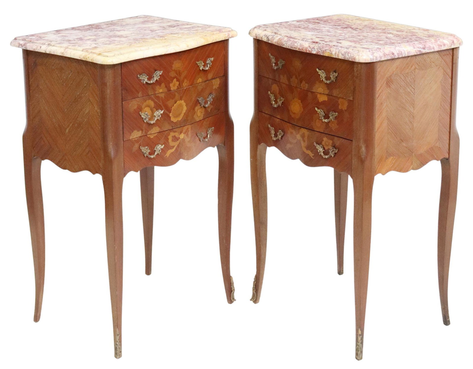 2) LOUIS XV STYLE MARBLE-TOP MARQUETRY NIGHTSTANDS: (pair) French Louis XV style inlaid nightstands, late 19th c., having shaped marble top, over three drawers with floral marquetry, rising on cabriole legs, ending in sabots, approx 28.5"h, 17"w, 13.5"
