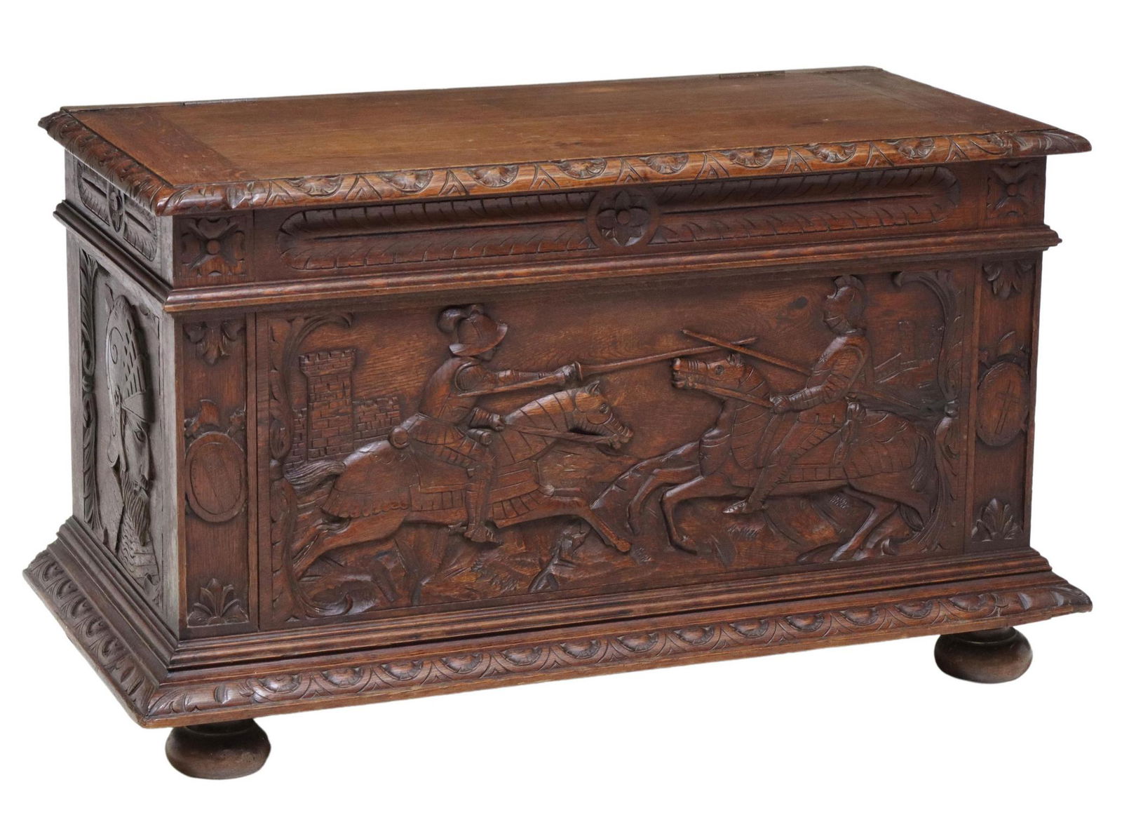 FRENCH HENRI II STYLE CARVED KNIGHTS OAK COFFER (1 of 5)