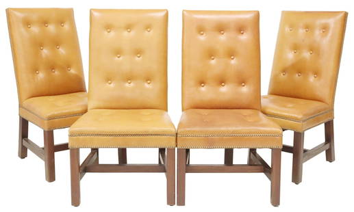 4) HENREDON FOR RALPH LAUREN LEATHER DINING CHAIRS: (lot of 4) Highback dining chairs, Henredon for Ralph Lauren, late 20th c., having padded back and seat in button-tufted tan leather upholstery, nailhead trim, rising on squared wood supports, joined