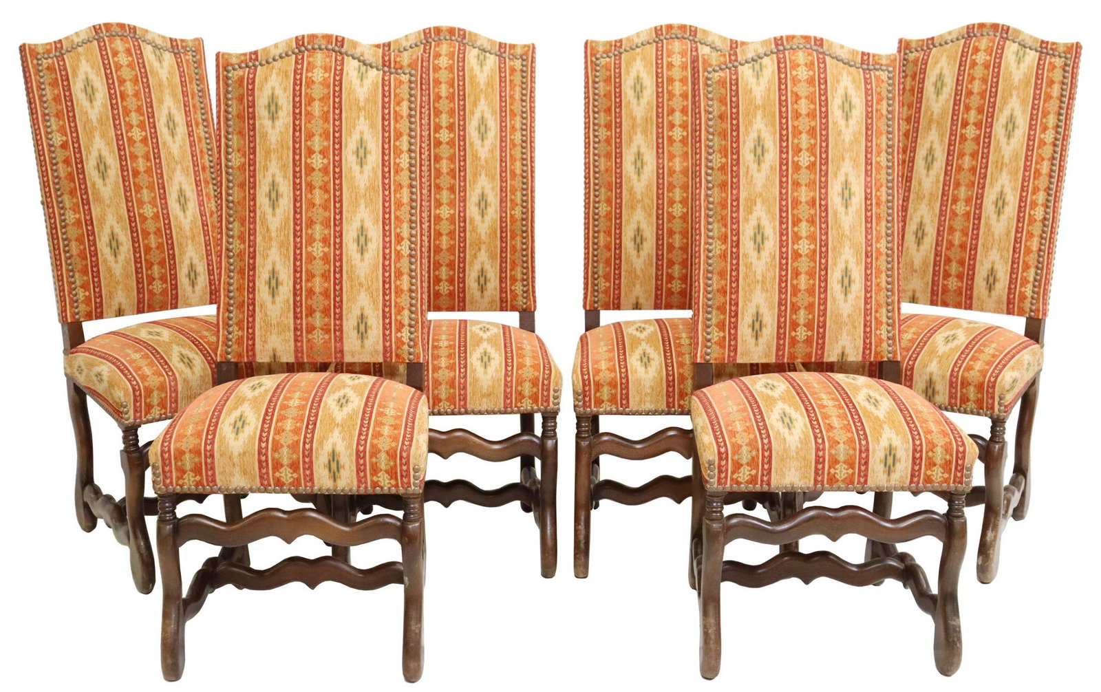(6) FRENCH LOUIS XIV STYLE HIGHBACK DINING CHAIRS: (lot of 6) French Louis XIV style dining chairs, 20th c., upholstered back and seat, with tack trim, rising on volute legs, joined by H stretcher, approx 46.5"h, 20"w, 21"d, seat height: approx 21"h S
