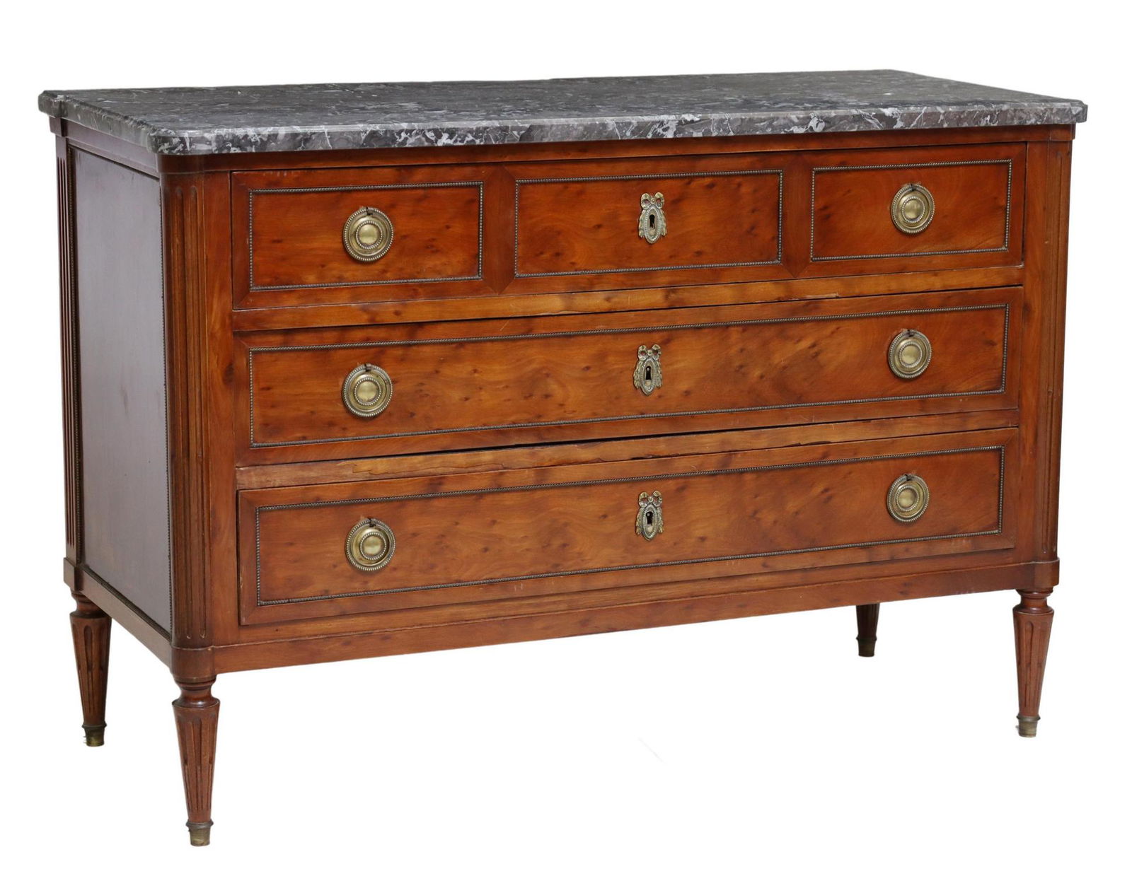 FRENCH LOUIS XVI STYLE MARBLE-TOP MAHOGANY COMMODE: French Louis XVI style marble-top mahogany commode, 19th c., three drawers, rising on tapering fluted legs, approx 32.5"h, 47.5"w, 20.25"d Start Price: $800.00