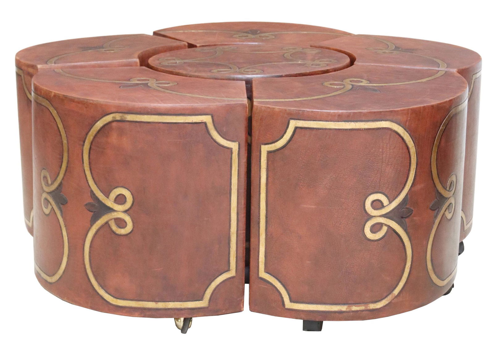 (6) TOOLED LEATHER BREAKAWAY COFFEE TABLE & STOOLS (1 of 4)