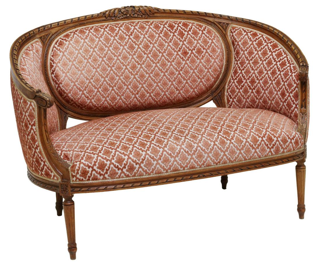 FRENCH LOUIS XVI STYLE UPHOLSTERED SETTEE (1 of 4)