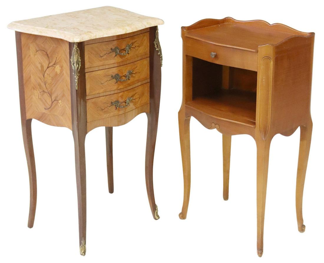 (2) FRENCH LOUIS XV STYLE NIGHTSTANDS: (lot of 2) French Louis XV style nightstands, late 19th c., including: (1) having shaped marble top, over three drawers, with inlaid floral marquetry, rising on cabriole legs, ending on sabots, approx
