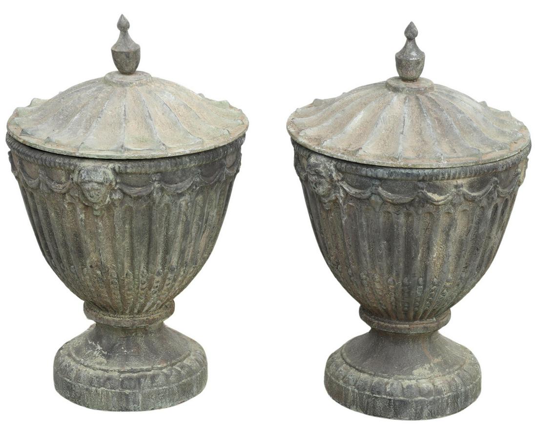 (2) PATINATED CAST IRON LIDDED GARDEN URNS (1 of 3)