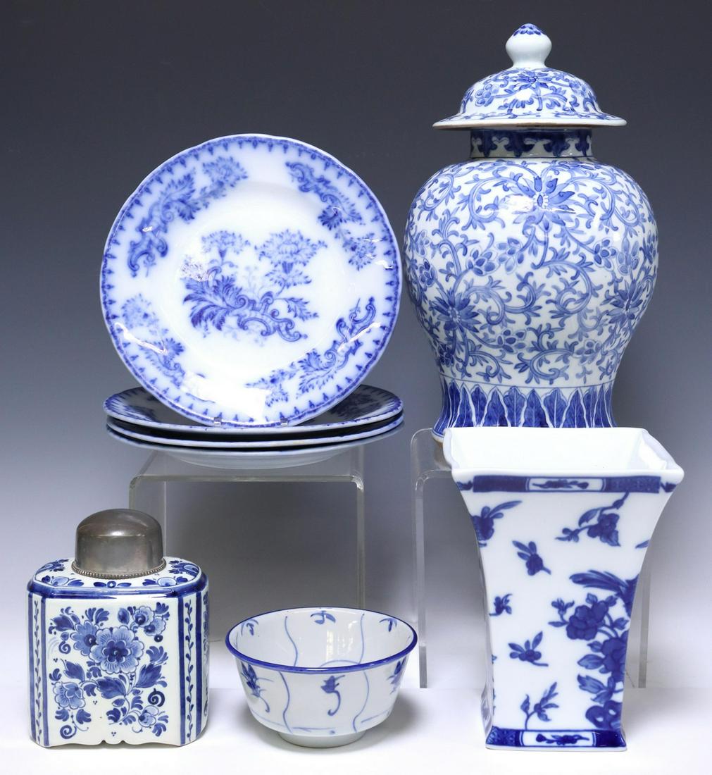(8) BLUE & WHITE TABLEWARE, LIMOGES, DELFT: (lot of 8) Blue and white tableware, including: (1) Chinese porcelain ginger jar, approx 12.25"h, 7.5"diam, (1) Bernardaud & Company Limoges square vase, approx 7.25"h, 5.5"w, 5.5"d, (1) Delft faience