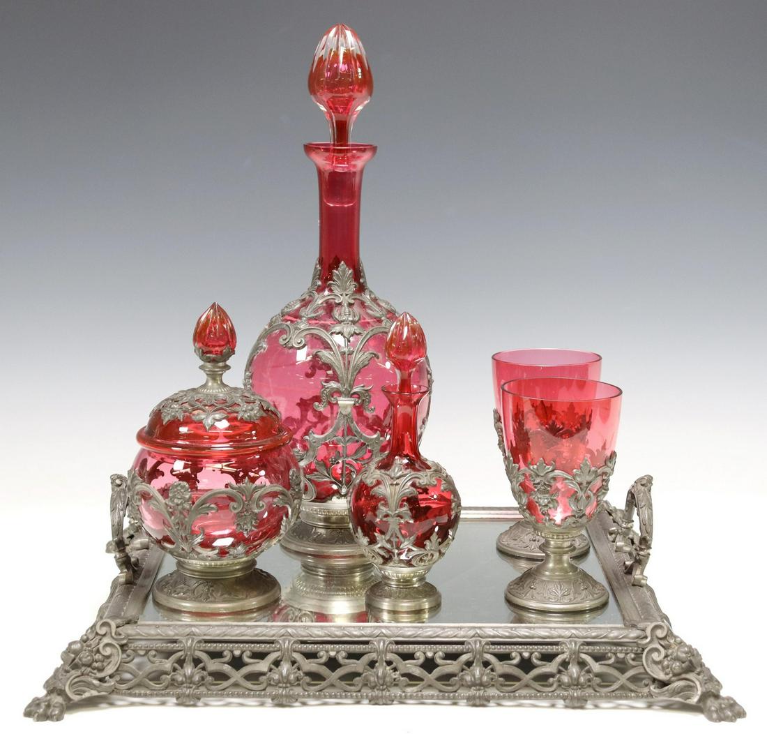(6) CONTINENTAL PEWTER OVERLAY CRANBERRY GLASS SET (1 of 3)