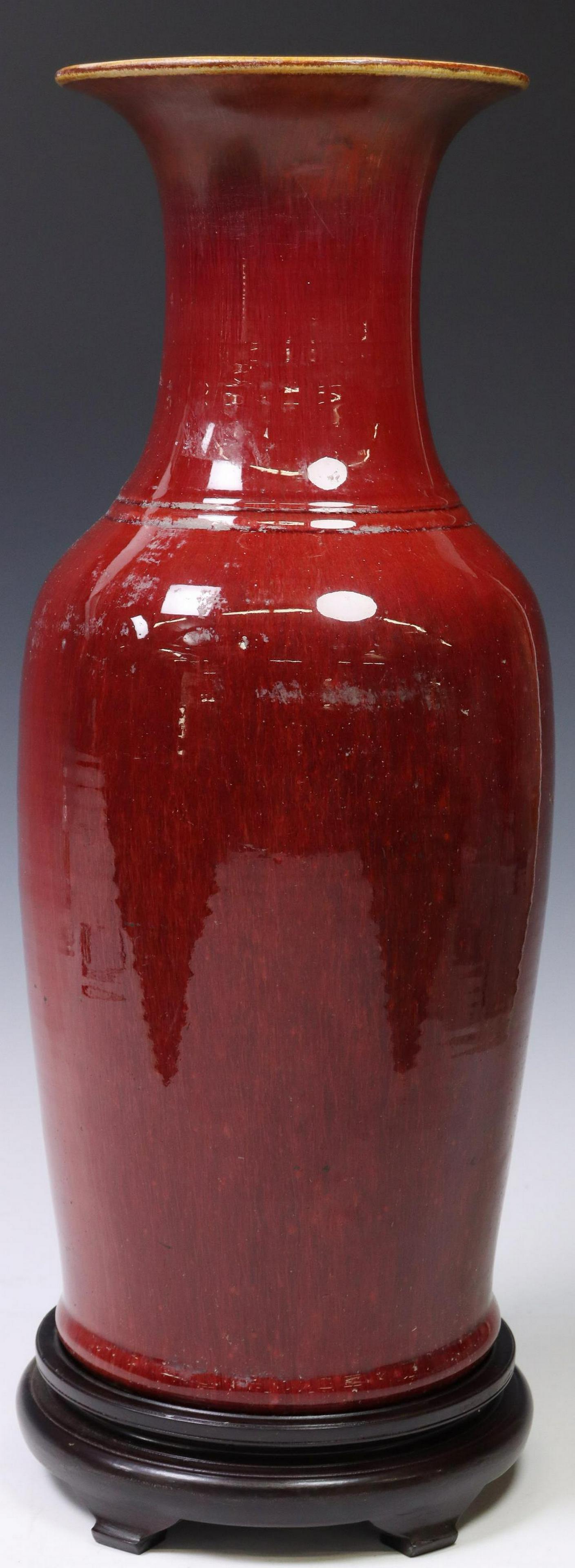 CHINESE SANG DE BOEUF GLAZED CERAMIC VASE ON STAND (1 of 3)