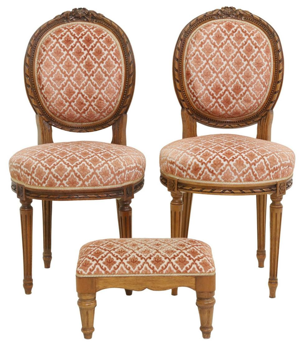 (3) FRENCH LOUIS XVI STYLE SIDE CHAIRS & FOOTSTOOL (1 of 7)