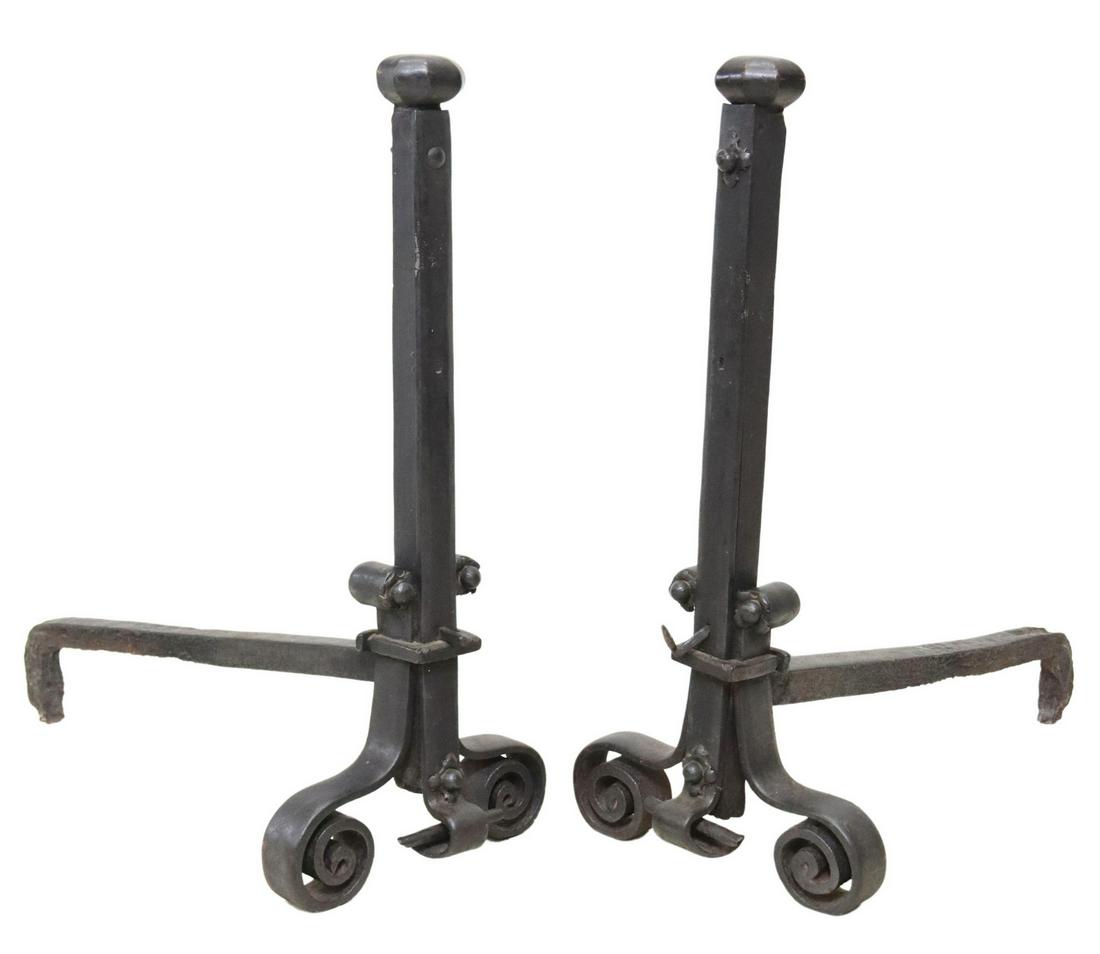 (2) ANTIQUE LARGE RUSTIC WROUGHT IRON ANDIRONS (1 of 3)