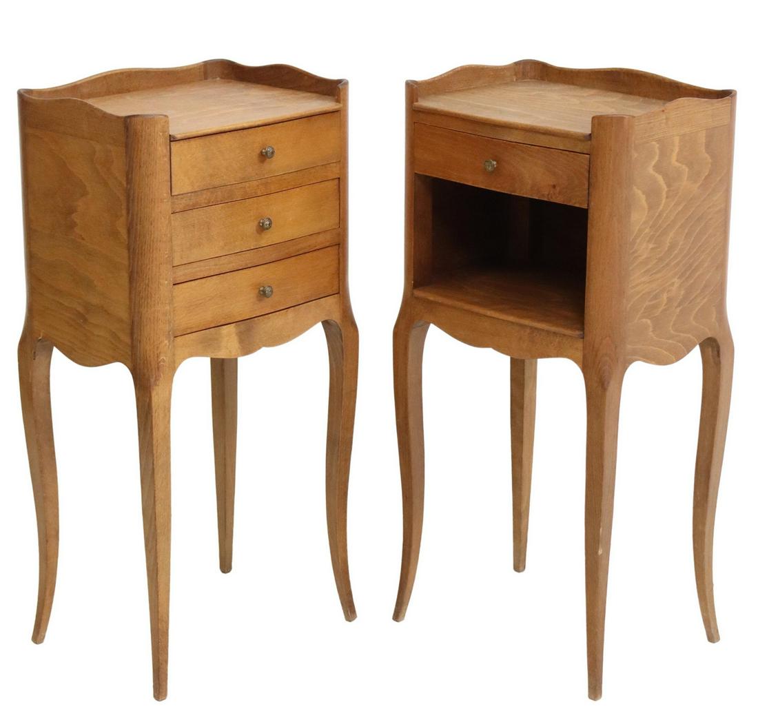 (2) FRENCH LOUIS XV STYLE NIGHTSTANDS: (lot of 2) French Louis XV style nightstands, 20th c., (one) with a single drawer over open niche, (one) with three drawers, all rising on slim cabriole legs, approx 27.5"h, 13.25"w, 10.25"d Start Pri
