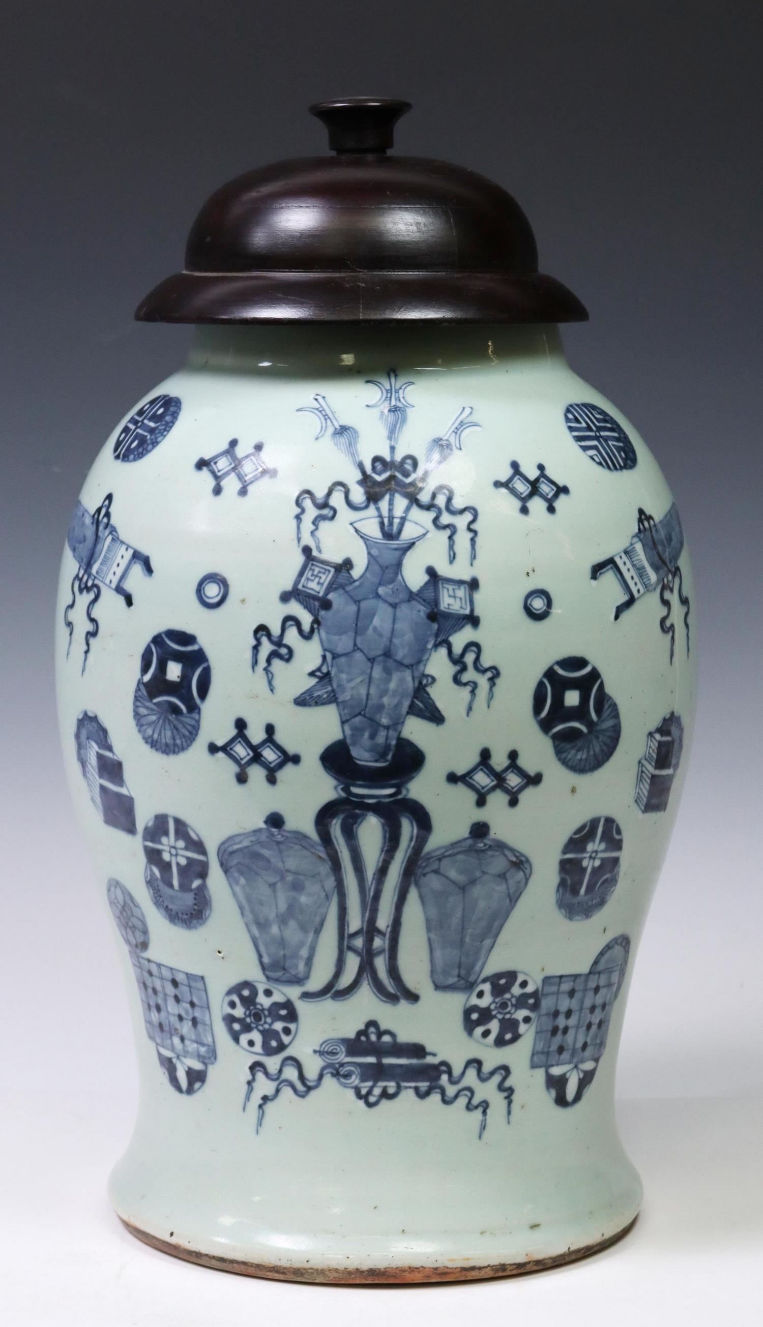 CHINESE BLUE & CELADON PORCELAIN TEMPLE JAR (1 of 3)
