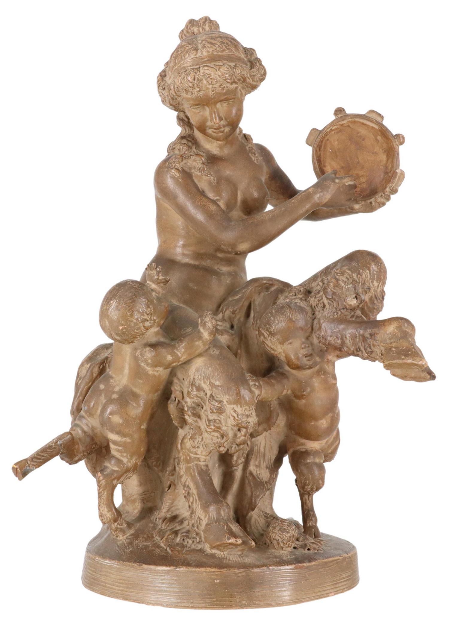 AFTER CLODION (1738-1814) TERRACOTTA FAUNESSE: Cast terracotta sculpture, Satyress with Putti, signed in cast after Clodion (Michel Claude Clodion, French, 1738-1814), restoration to (one) putto's leg, approx 18"h, 13.25lbs Start Price: $100.00