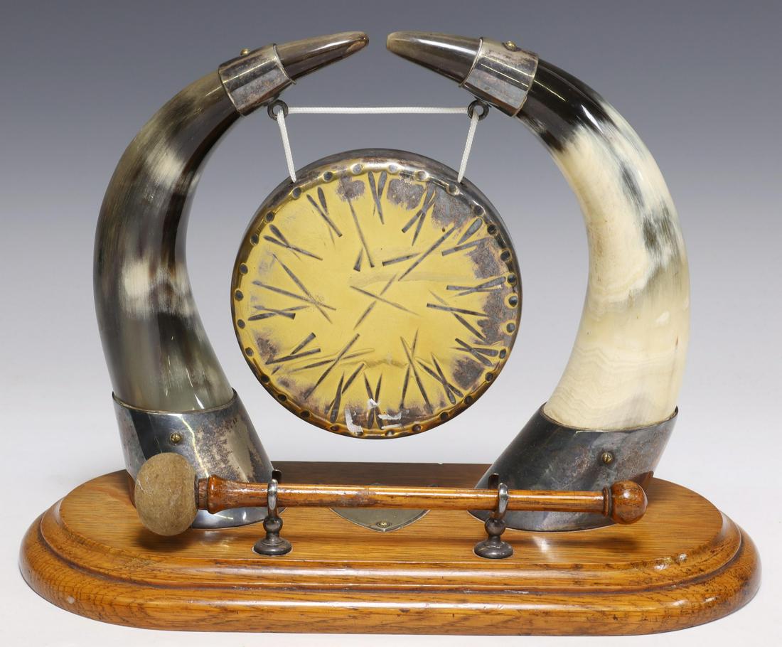ENGLISH EDWARDIAN OAK & HORN TABLE GONG (1 of 3)