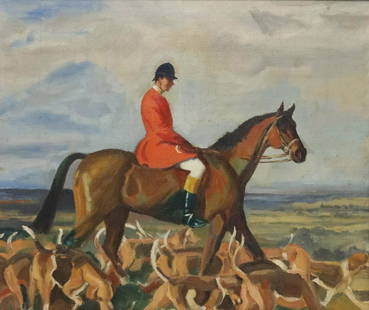 AFTER SIR ALFRED MUNNINGS (D.1959) BELVOIR HUNT: Framed oil on canvas painting, Portrait of Major J. Bouch MFH with the Belvoir Hounds, after Sir Alfred James Munnings P.R.A., R.W.S. (British, 1878-1959), sight: approx 19.5"h, 23.5"w, overall: