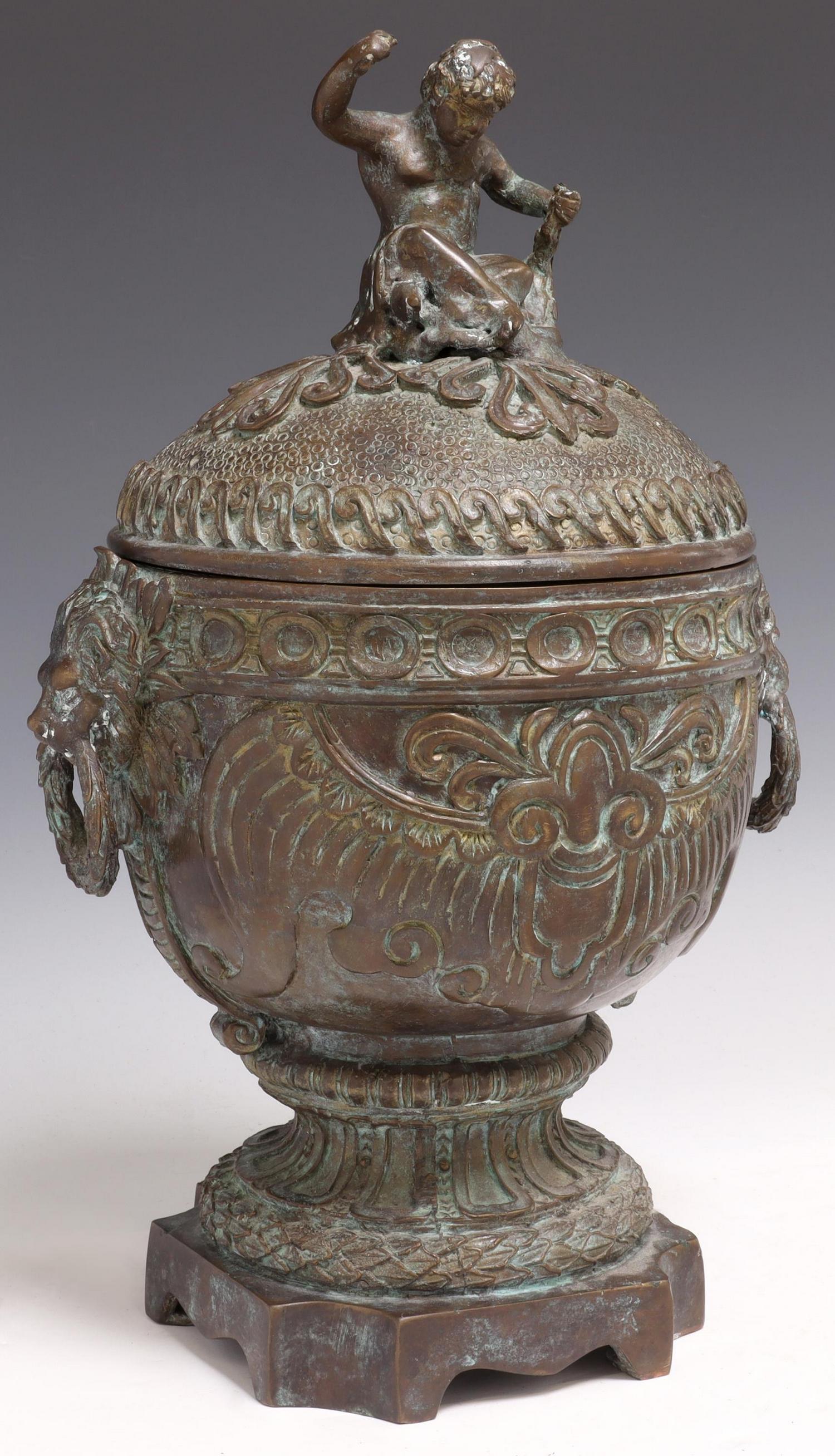 MAITLAND-SMITH PATINATED BRONZE PUTTO LIDDED URN (1 of 6)