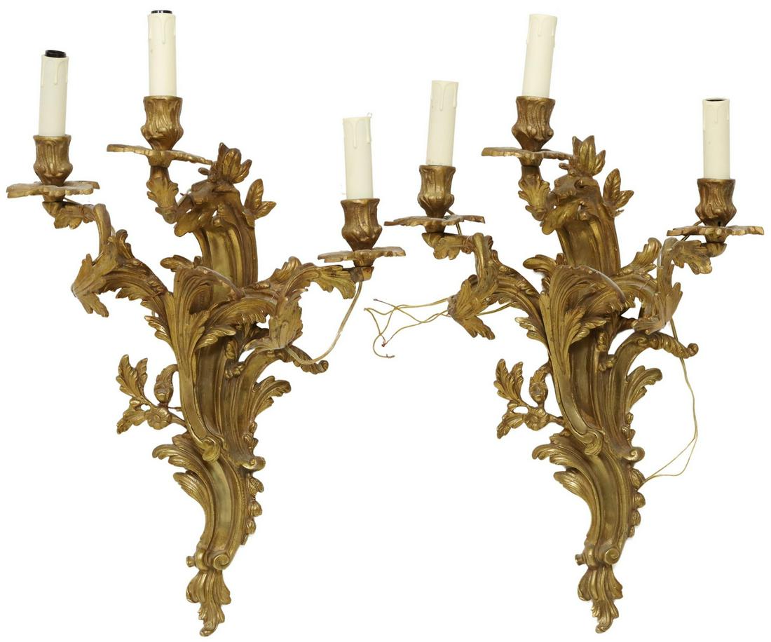 (2) LOUIS XV STYLE BRONZE THREE-LIGHT SCONCES (1 of 3)