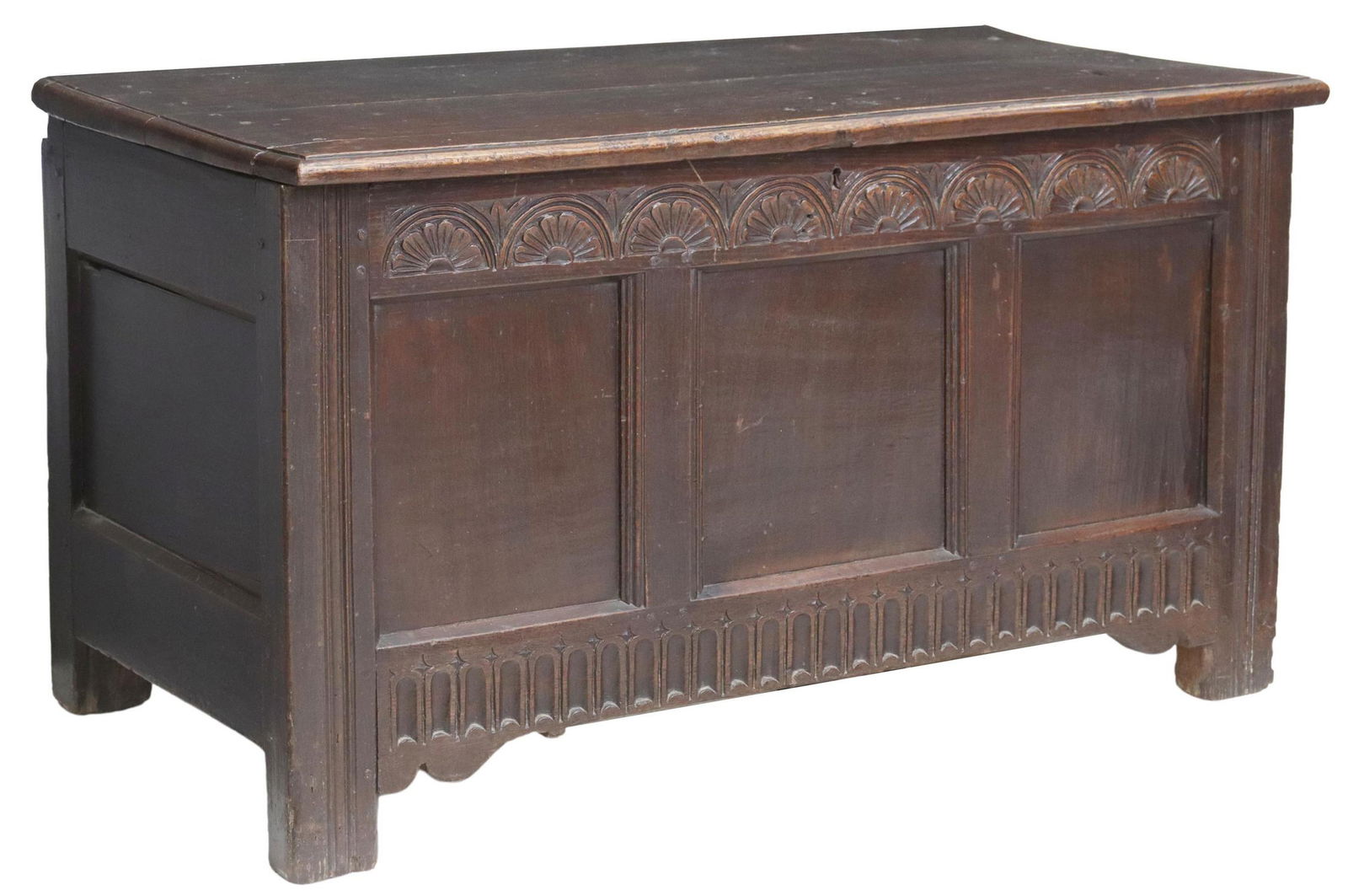 ENGLISH CARVED OAK STORAGE TRUNK, 18TH C. (1 of 5)