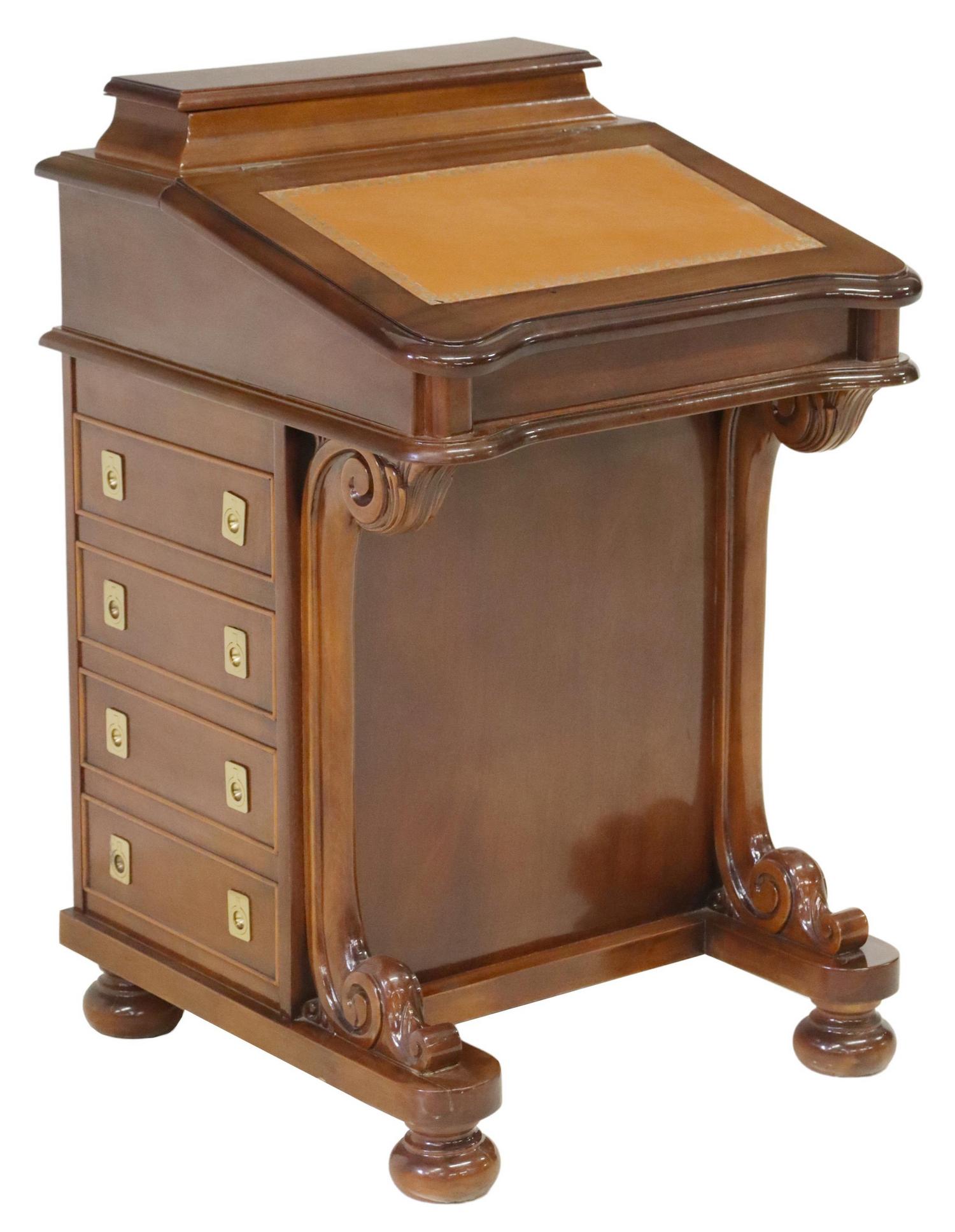 MAHOGANY DAVENPORT DESK: Davenport desk, 20th c., hinged compartment, over slant front with inset leather writing surface, right side with four drawers, rising on bun feet, approx 33.5"h, 22"w, 21.5"d **Provenance: From an im