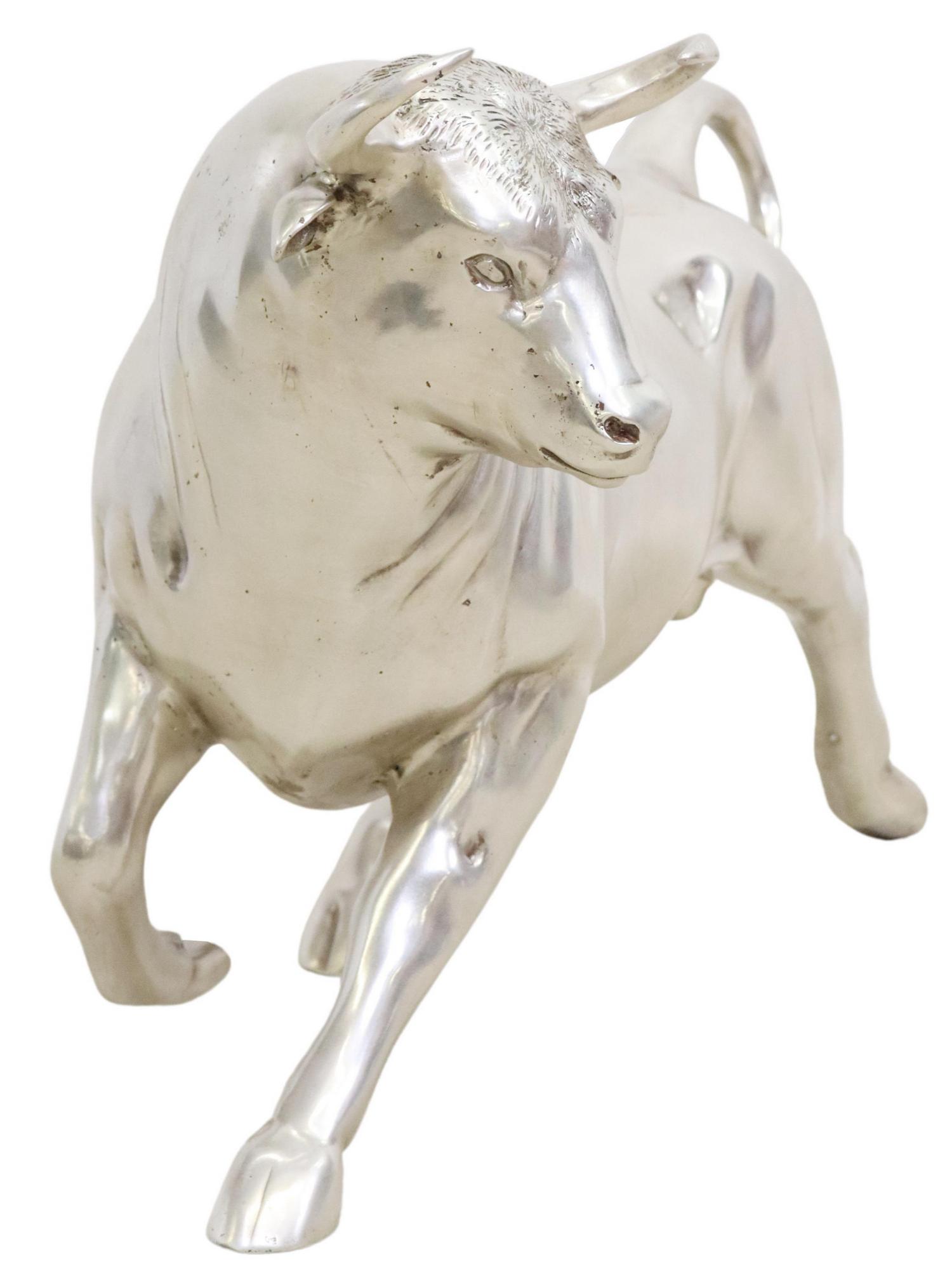 LARGE SILVERED BRONZE SCULPTURE CHARGING BULL (1 of 5)