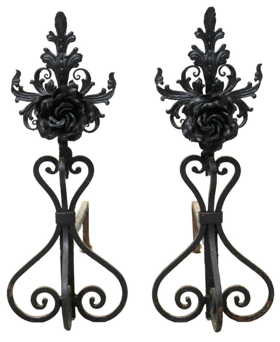 (2) BLACK PAINTED FLORAL FIREPLACE ANDIRONS (1 of 4)