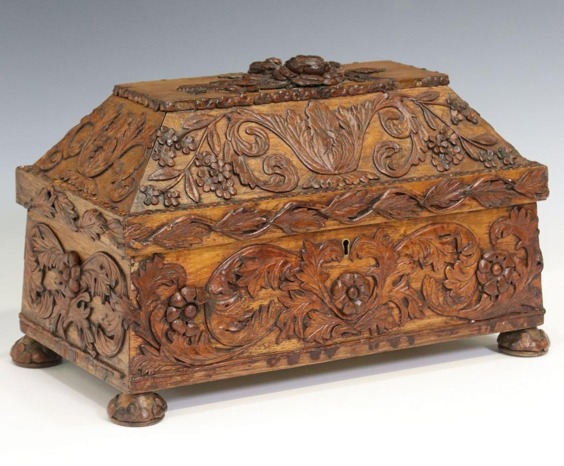 ENGLISH FLORAL & FOLIATE CARVED OAK TEA CADDY (1 of 5)