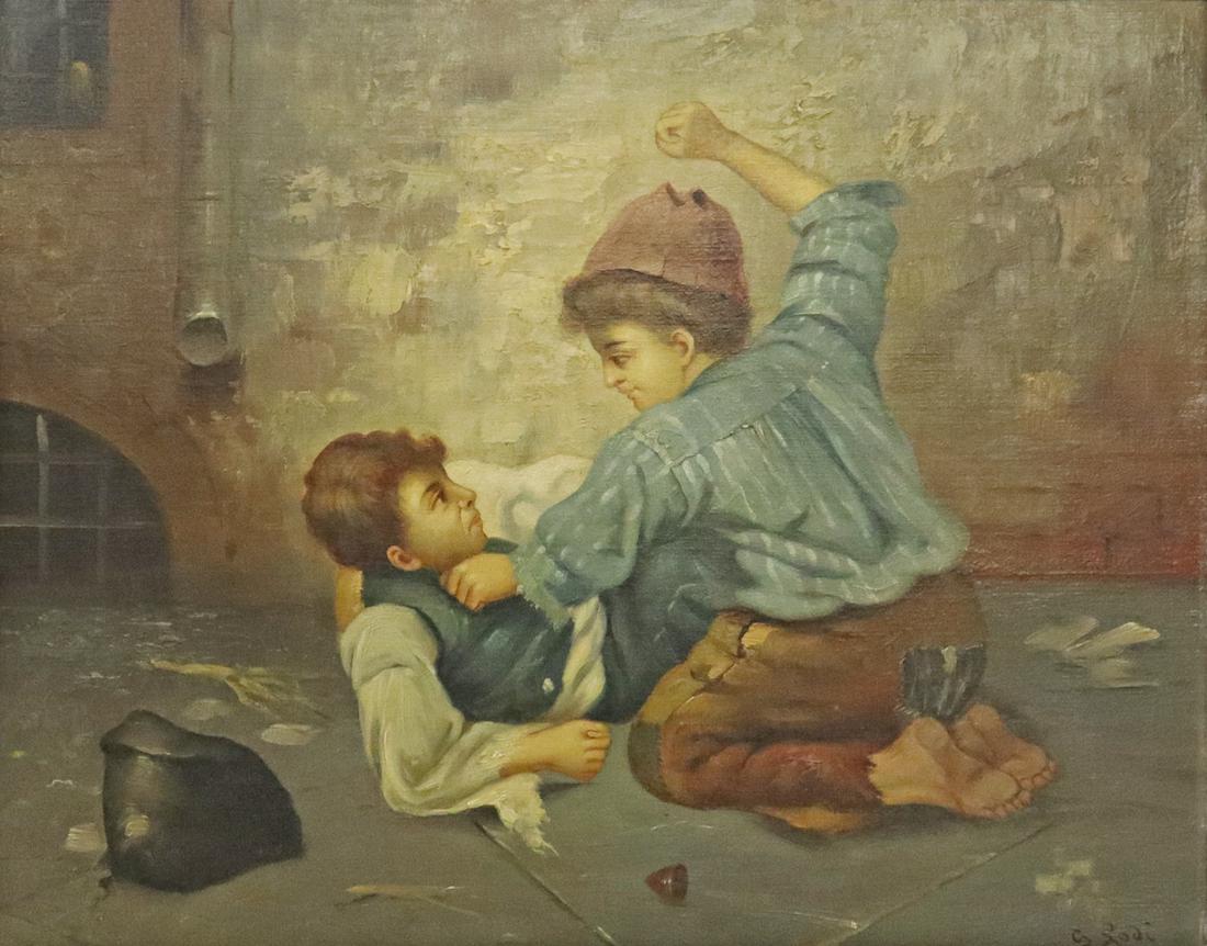 GAETANO LODI (1830-1886) PAINTING THE DISPUTE: Framed oil on canvas painting, The Dispute, signed lower right G. Lodi (Gaetano Lodi, Italian, 1830-1886), sight: approx 16"h, 20.25"w, overall: 28.25"h, 32.5"w, 23.25lbs Start Price: $300.00