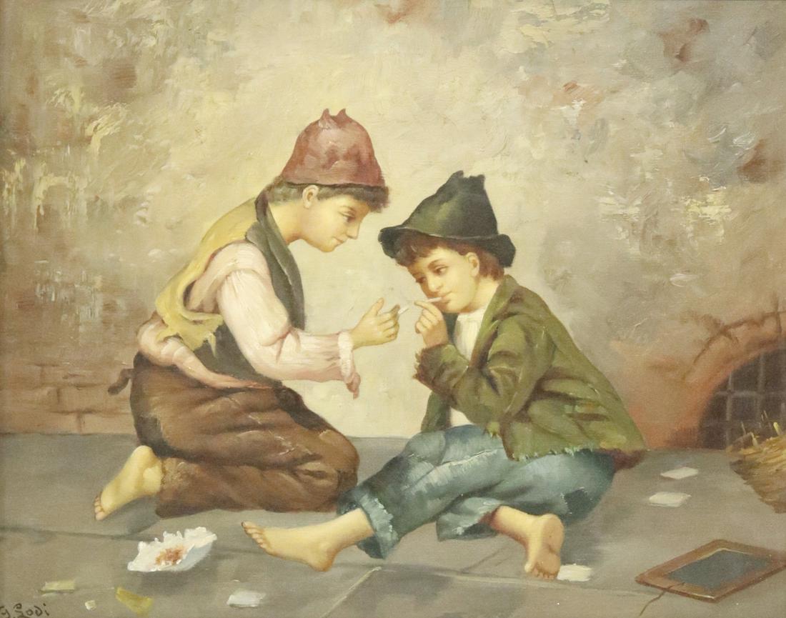 GAETANO LODI (1830-1886) PAINTING THE RESOLUTION: Framed oil on canvas painting, The Resolution, signed lower left G. Lodi (Gaetano Lodi, Italian, 1830-1886), sight: approx 15.75"h, 20"w, overall: 28.25"h, 32.5"w, 23lbs Start Price: $300.00