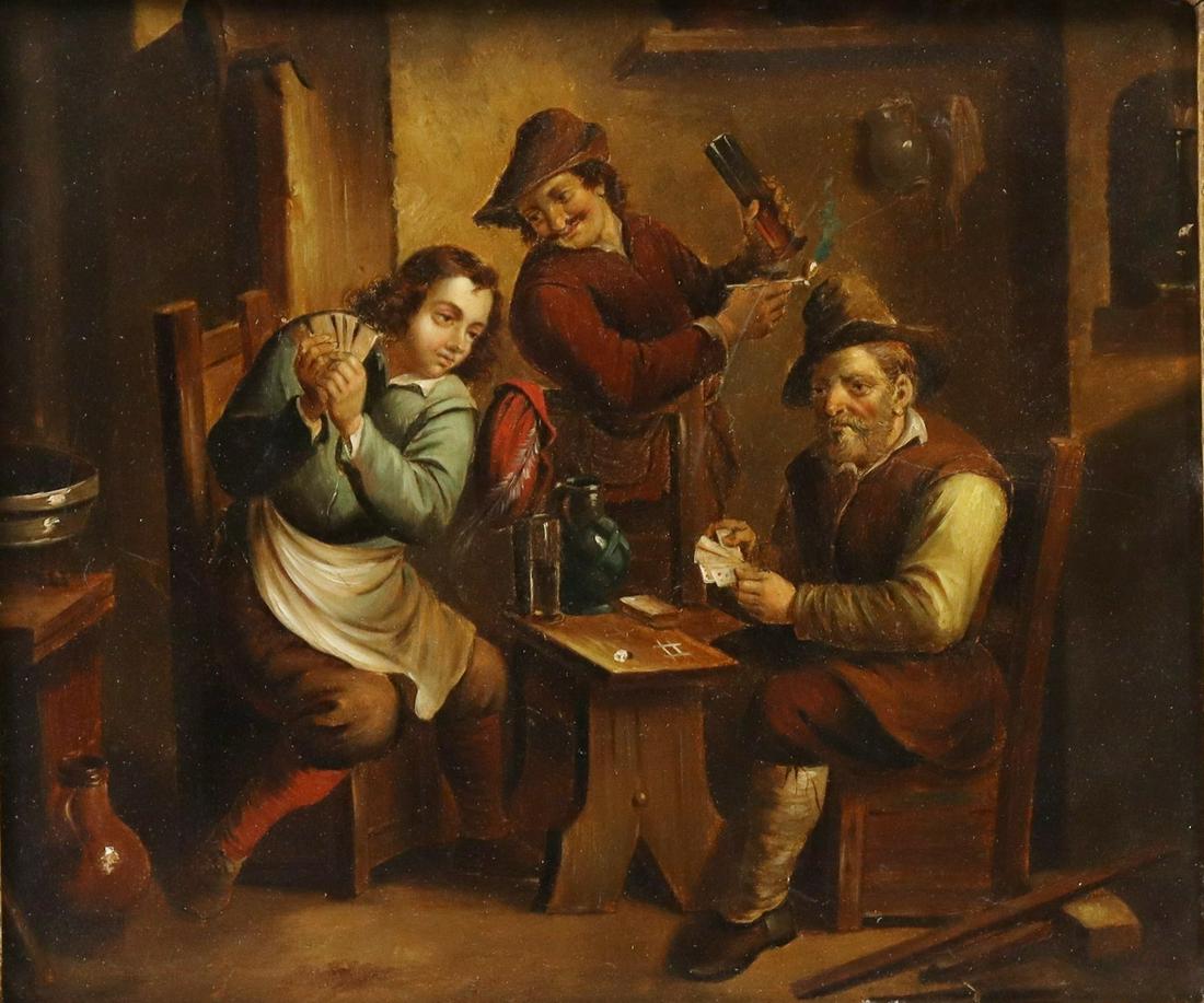 FLEMISH SCHOOL PAINTING METAL PLATE TAVERN SCENE (1 of 3)