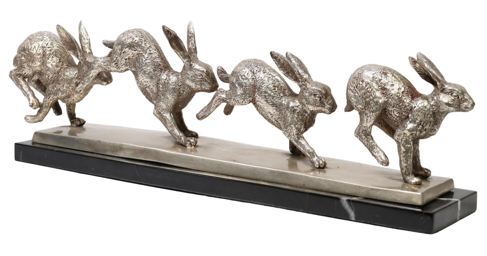 SILVERED BRONZE SCULPTURE RUNNING HARES (1 of 4)