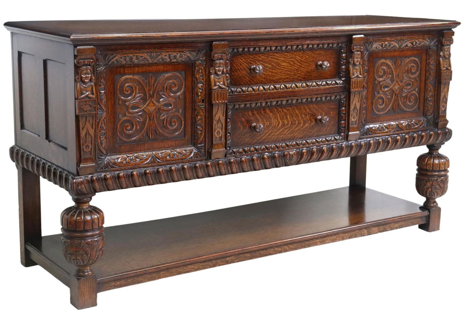 ENGLISH JACOBEAN STYLE CARVED OAK SIDEBOARD (1 of 7)