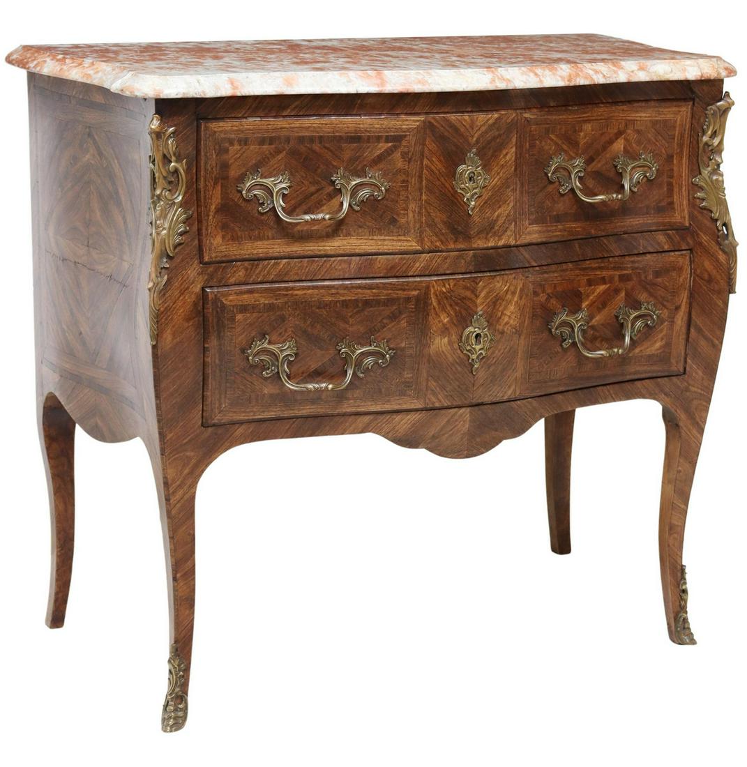 LOUIS XV STYLE MARBLE-TOP COMMODE: Louis XV style marble-top commode, 20th c., two drawers with gilt metal mounts, rising on French bracket feet, ending in front sabots, approx 33.75"h, 37.25"w, 21"d Start Price: $400.00