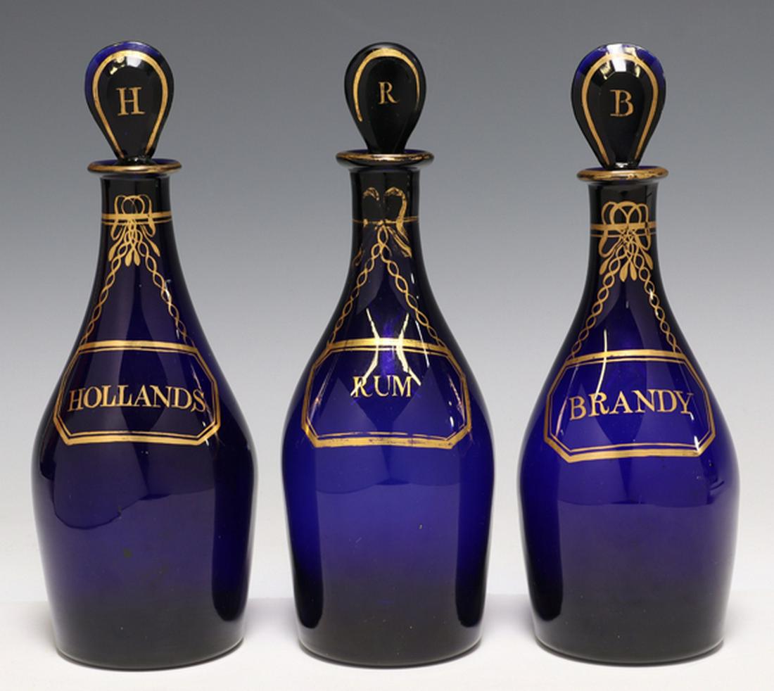 3) ENGLISH BRISTOL BLUE GLASS DECANTERS & STOPPERS (1 of 3)