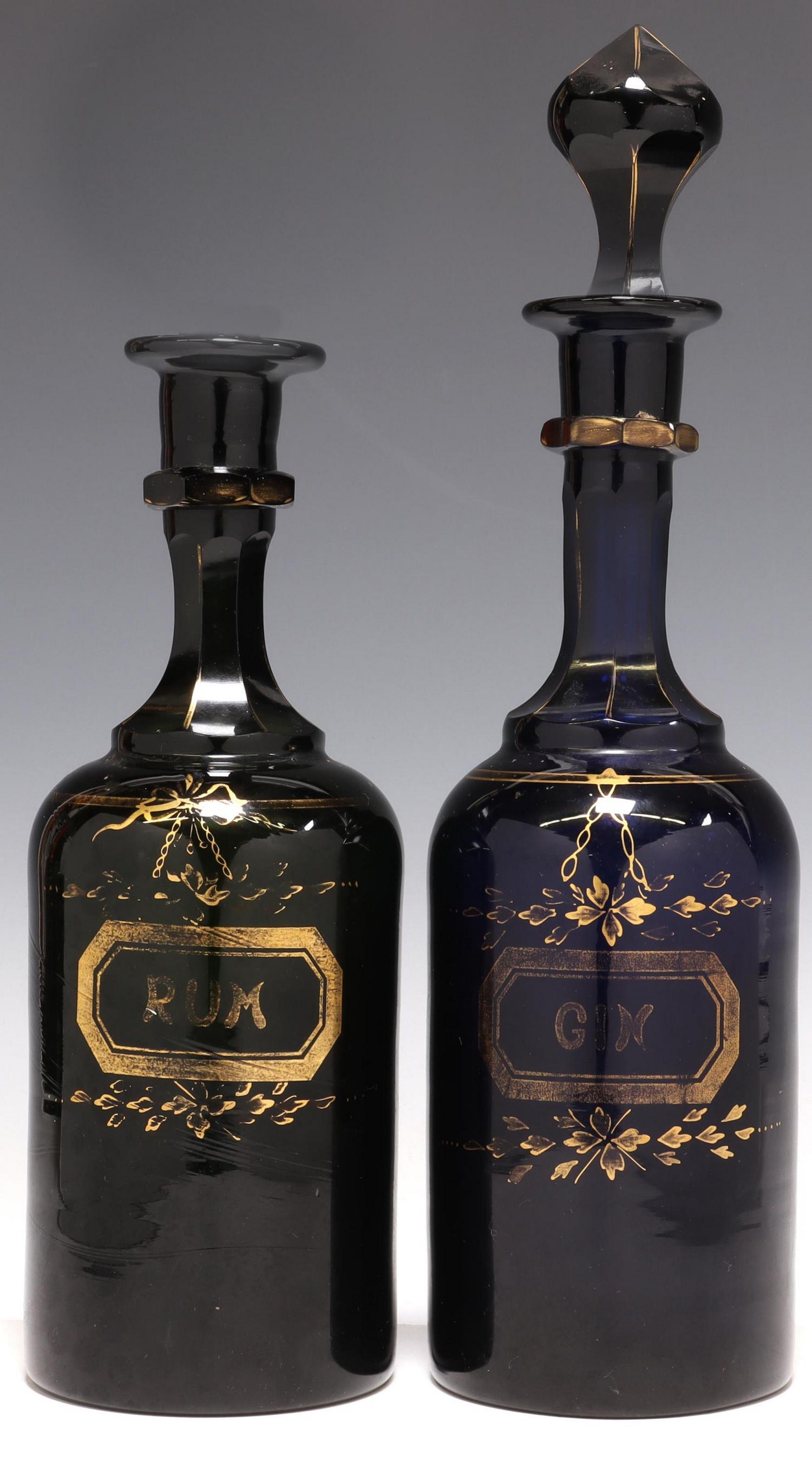 (2) ENGLISH BRISTOL GLASS GIN & RUM DECANTERS (1 of 3)