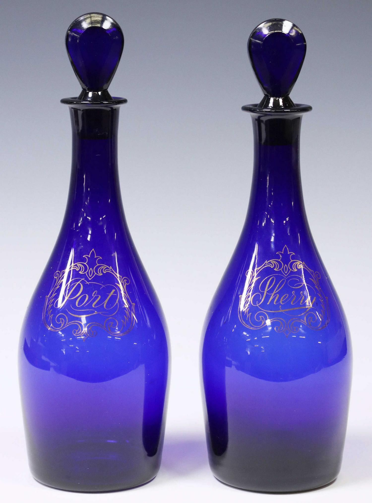 2) ENGLISH BRISTOL BLUE GLASS DECANTERS & STOPPERS (1 of 3)