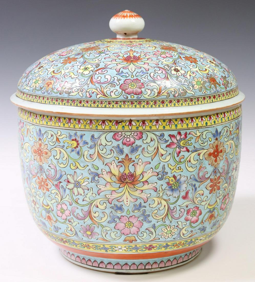 LARGE CHINESE FAMILLE ROSE PORCELAIN BOWL & COVER: Large Chinese famille rose porcelain bowl and cover, decorated in an all-over floral scroll pattern, small chips to lid interior ring, some losses to enamel, approx 15"h, 14.5"diam, 22lbs **Provenance