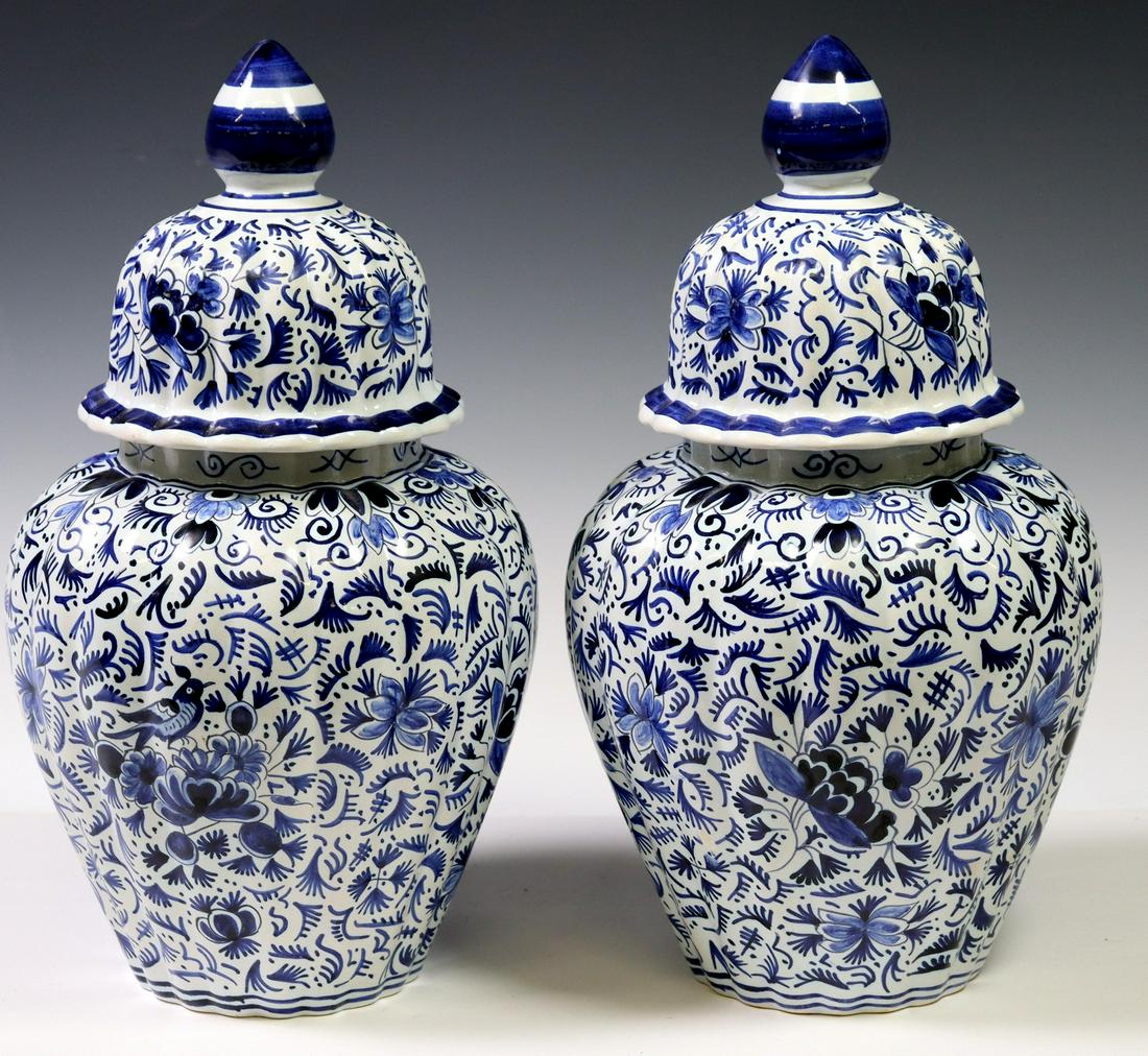 (2) DELFT BLUE & WHITE EARTHENWARE LIDDED VASES (1 of 4)
