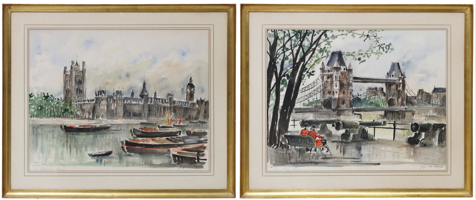 (2) GUY DE NEYRAC (D.1950) LONDON VIEW WATERCOLORS (1 of 8)