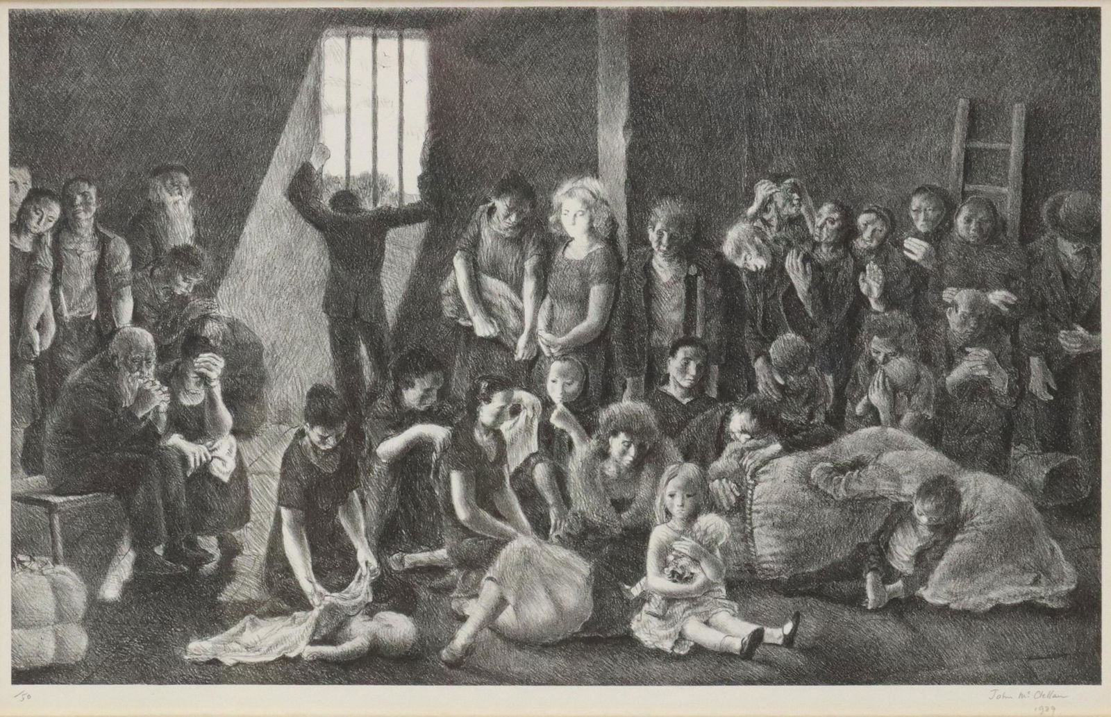 JOHN McCLELLAN (1908-1986) LITHOGRAPH: Framed lithograph on paper, "Imprisoned People," pencil signed lower right John McClellan (John Ward McClellan, American, 1908-1986), dated 1939, from an edition of fifty, retaining gallery label from